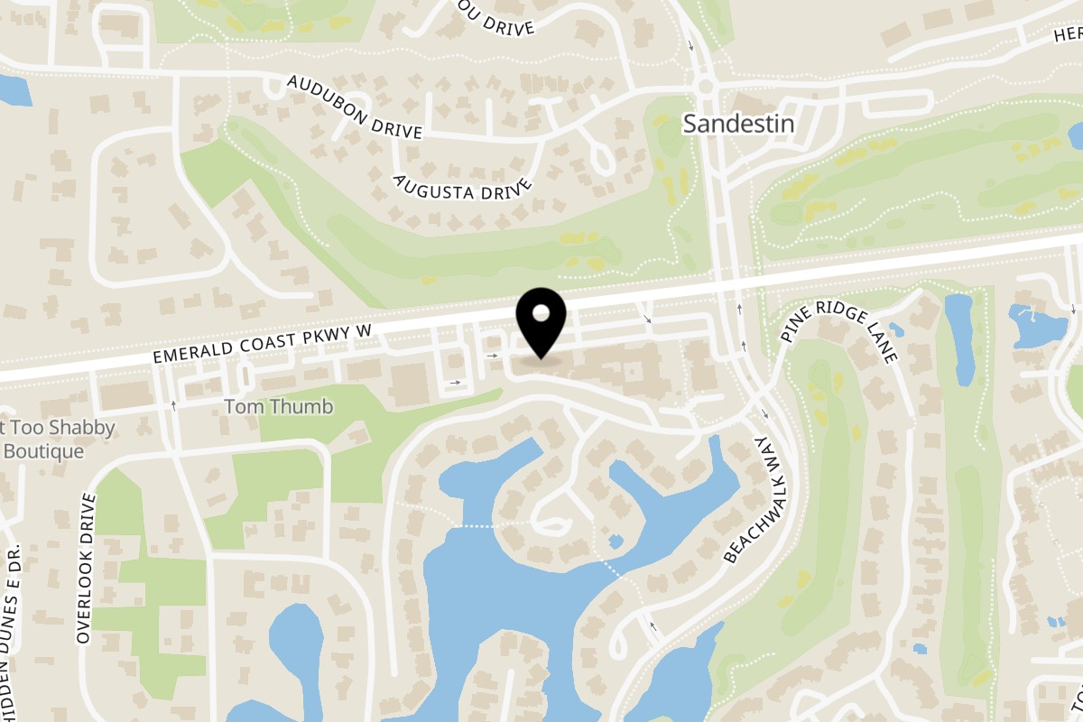 Map showing the location of Pizza by the Sea Miramar Beach on 9375 US-98 W in Destin